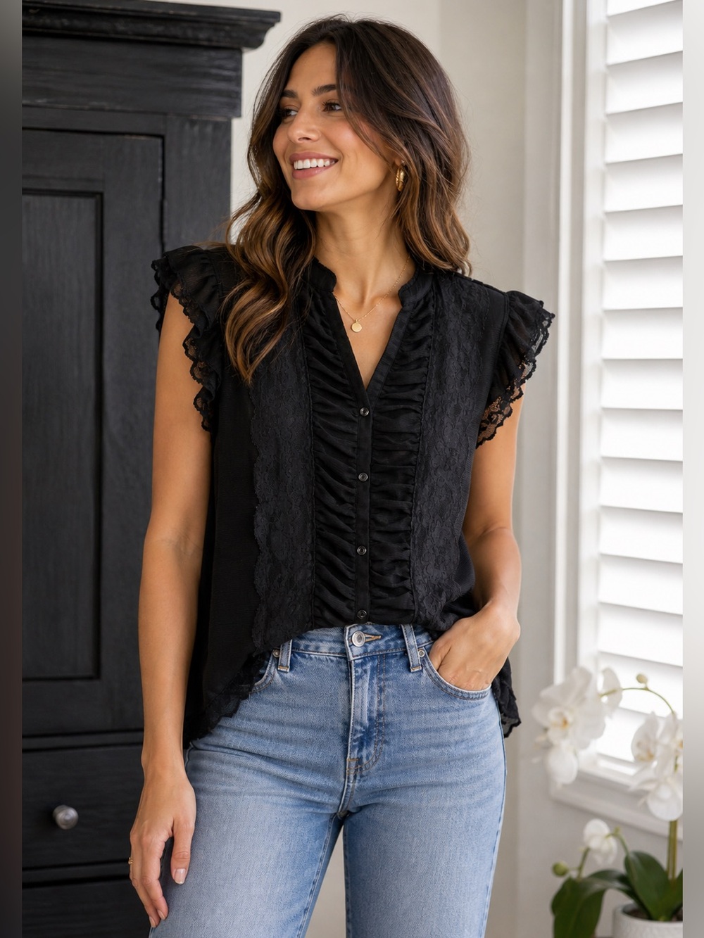 🖤 Medium Metaphor Black Ruffled Lace-Trim Button Front Blouse